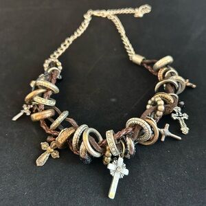 Braided Brown Leather Necklace with Gold-Tone Cross Charms - Women Jewelry